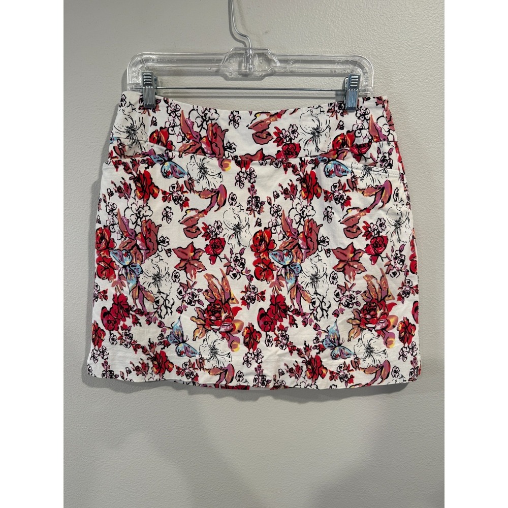 Swing Control Skirt‎ Women's Size 10 White Red Floral Rayon Stretch High Waisted
